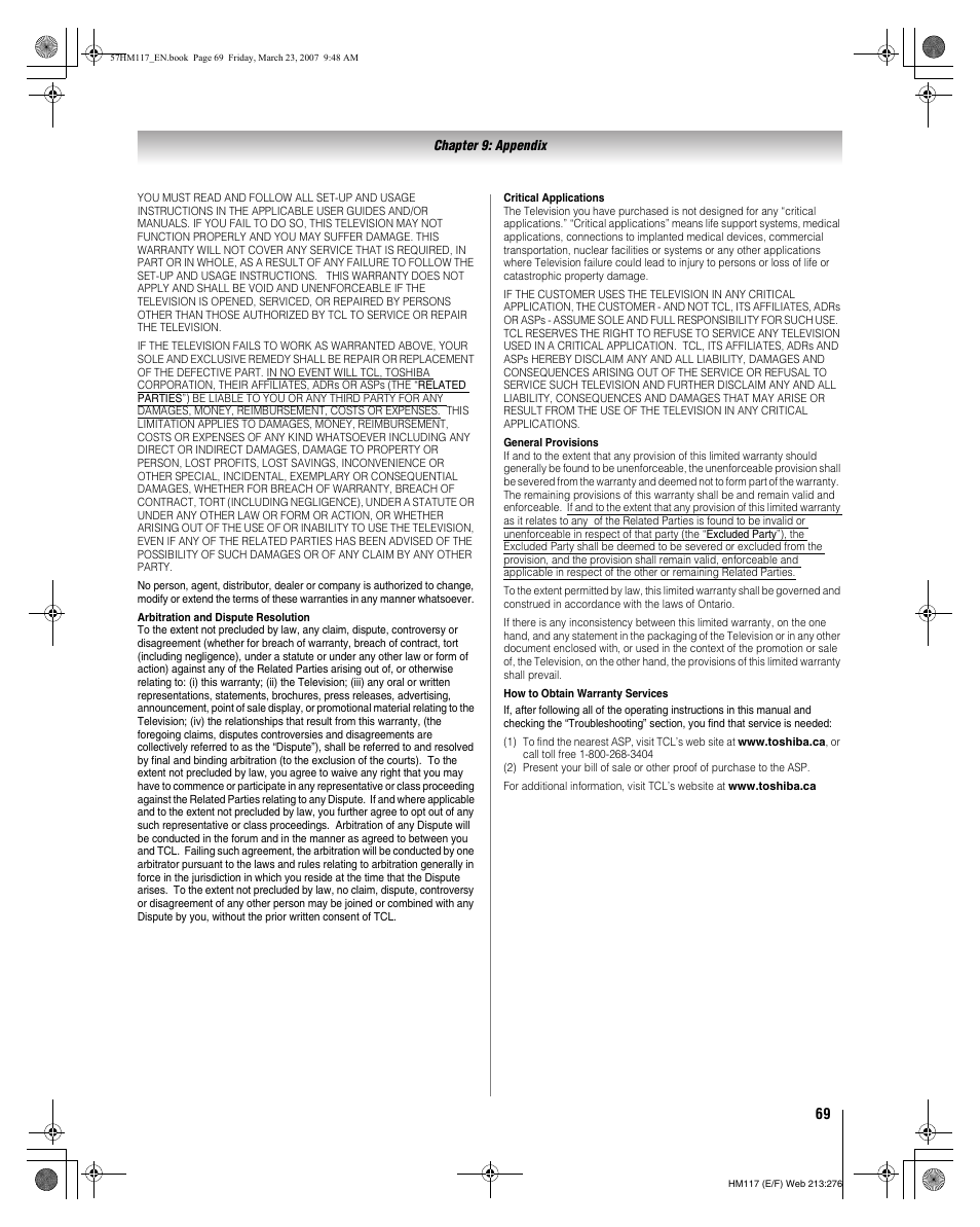 Toshiba 65HM117 User Manual | Page 69 / 74