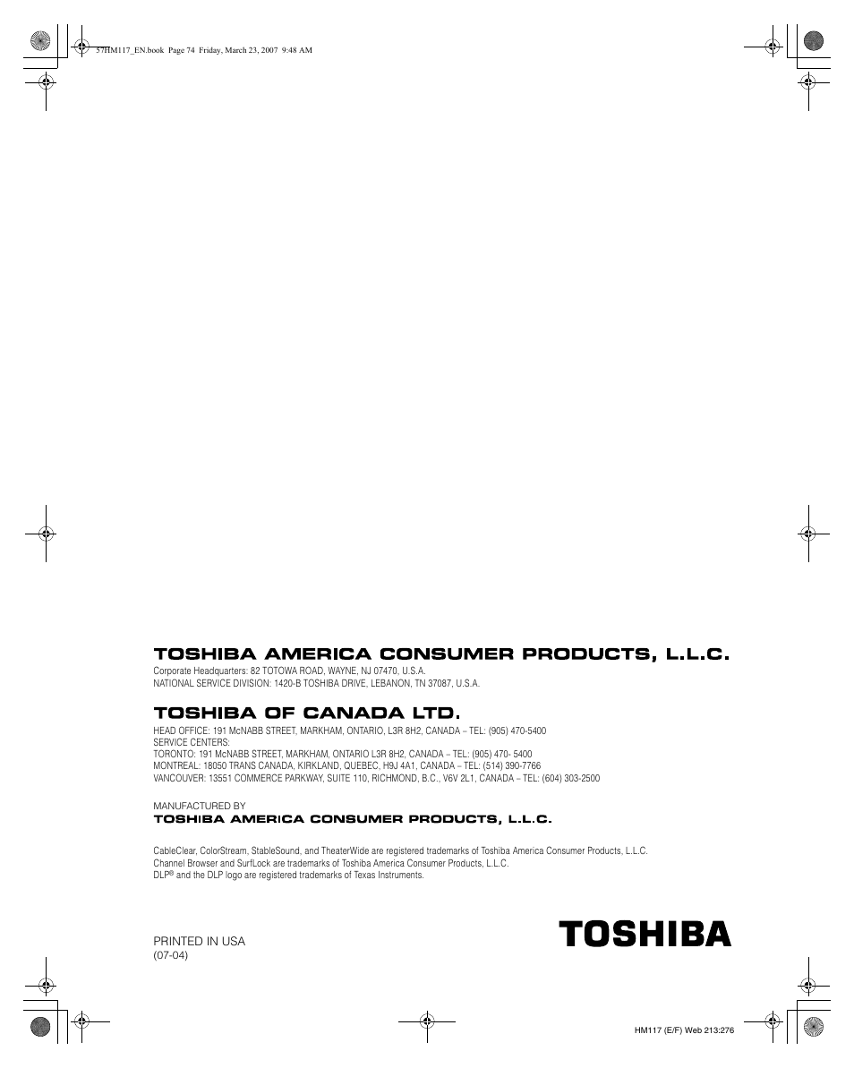 Toshiba 65HM117 User Manual | Page 74 / 74