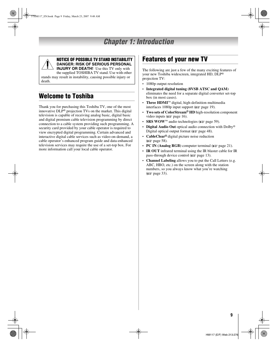 Chapter 1: introduction, Welcome to toshiba, Features of your new tv | Toshiba 65HM117 User Manual | Page 9 / 74