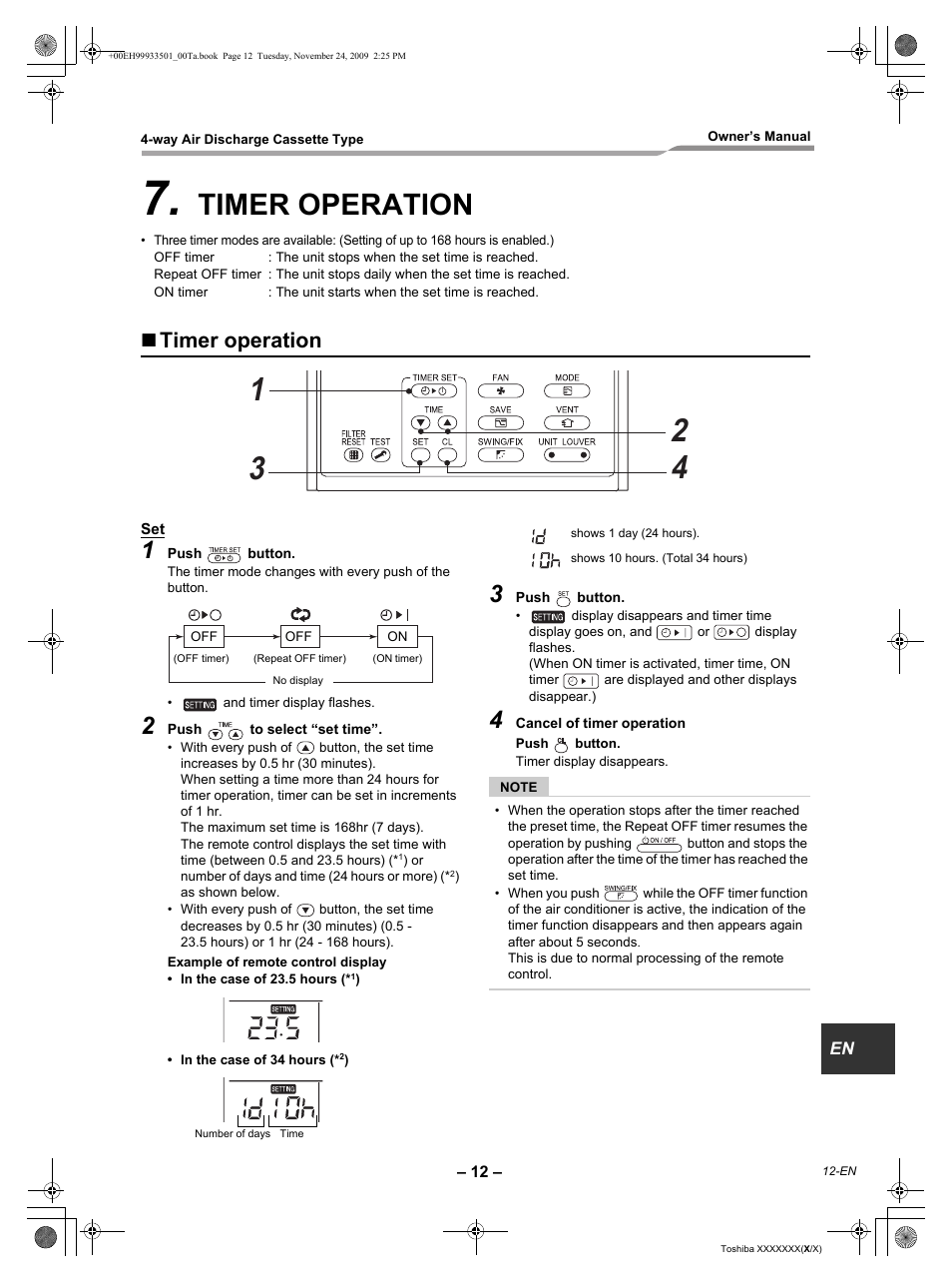 Timer operation | Toshiba CARRIER RAV-SP420UT-UL User Manual | Page 13 / 28