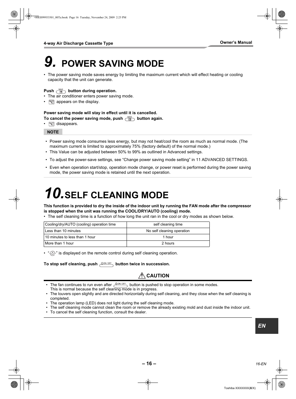 Power saving mode, Self cleaning mode | Toshiba CARRIER RAV-SP420UT-UL User Manual | Page 17 / 28