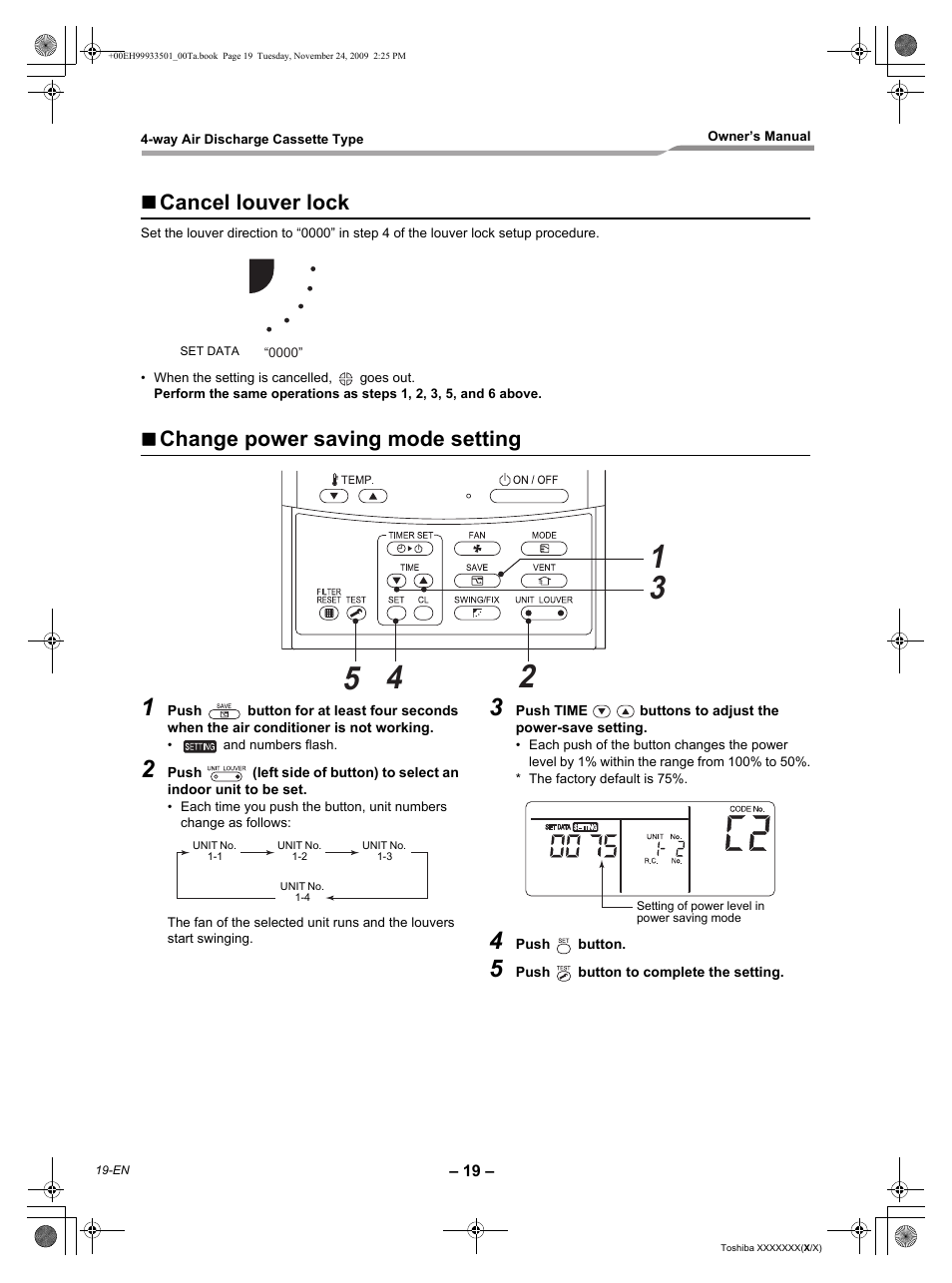 Cancel louver lock, Change power saving mode setting | Toshiba CARRIER RAV-SP420UT-UL User Manual | Page 20 / 28