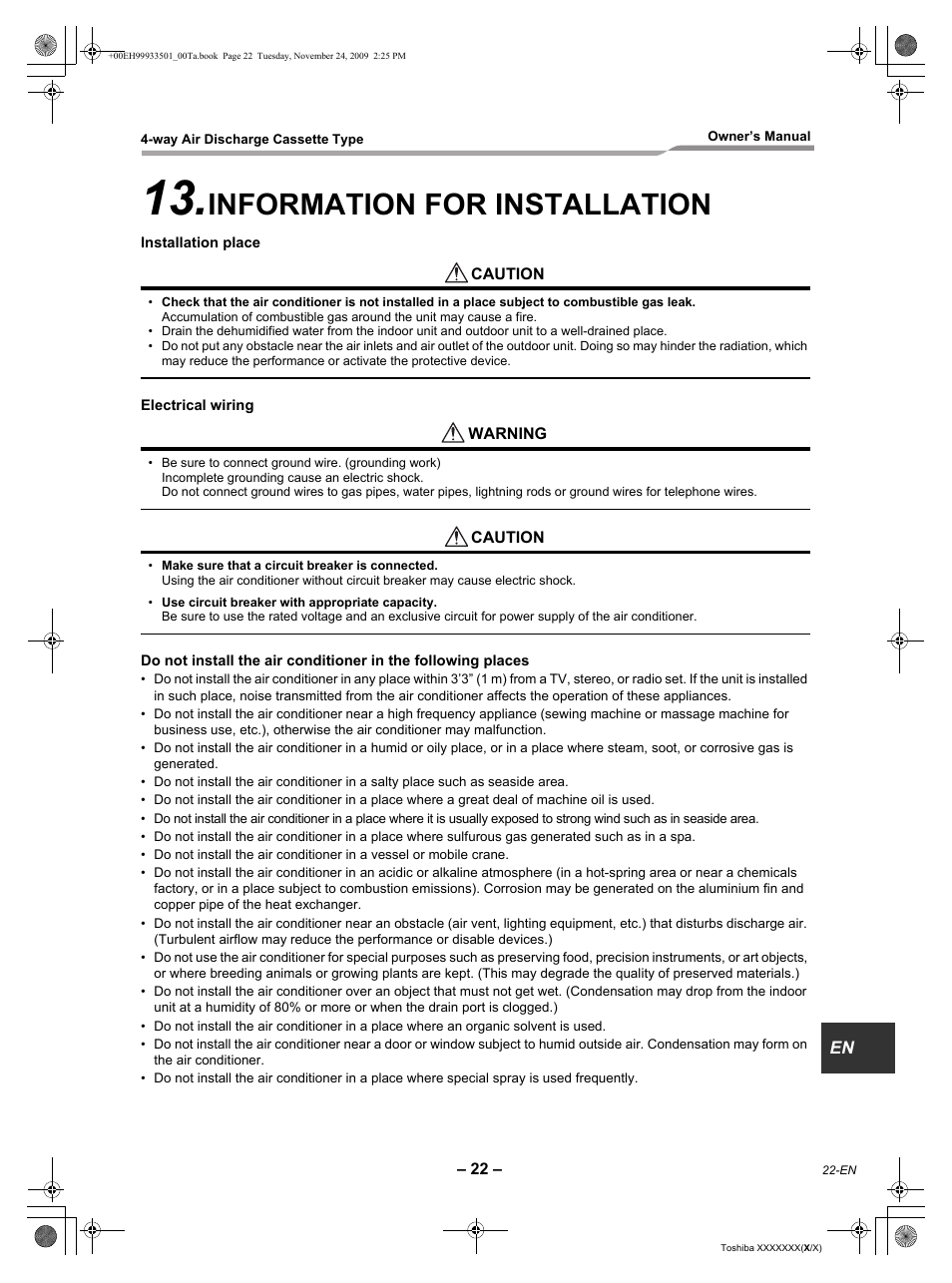 Information for installation | Toshiba CARRIER RAV-SP420UT-UL User Manual | Page 23 / 28