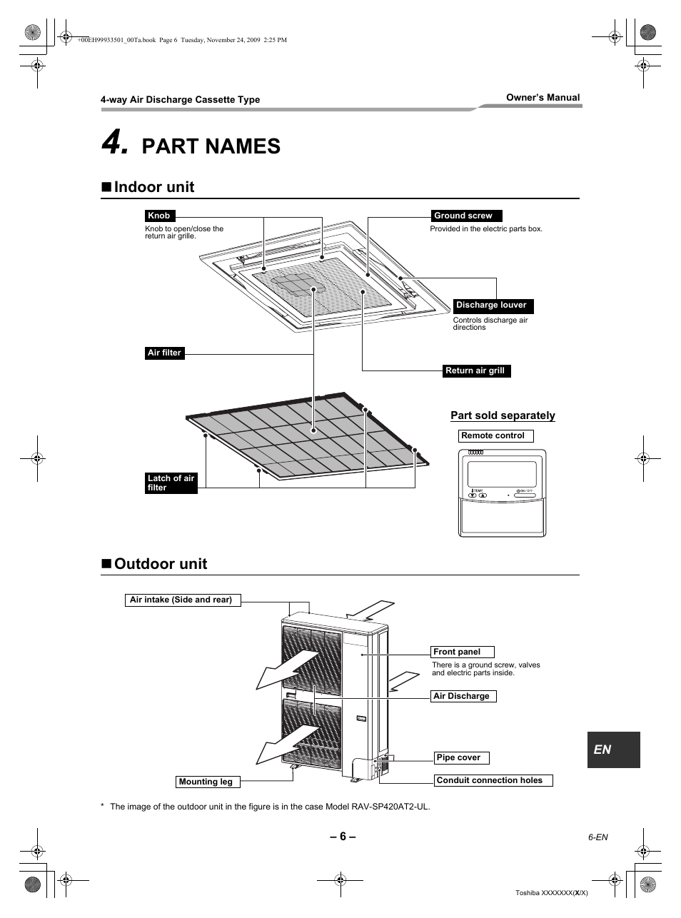Part names, Indoor unit  outdoor unit, Part sold separately | Toshiba CARRIER RAV-SP420UT-UL User Manual | Page 7 / 28