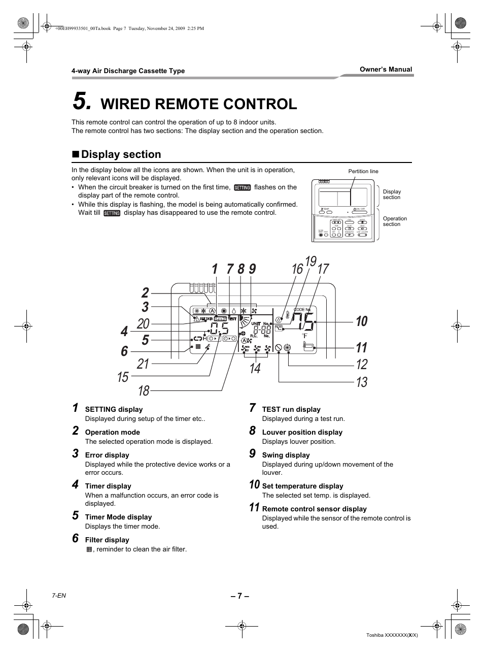 Wired remote control | Toshiba CARRIER RAV-SP420UT-UL User Manual | Page 8 / 28