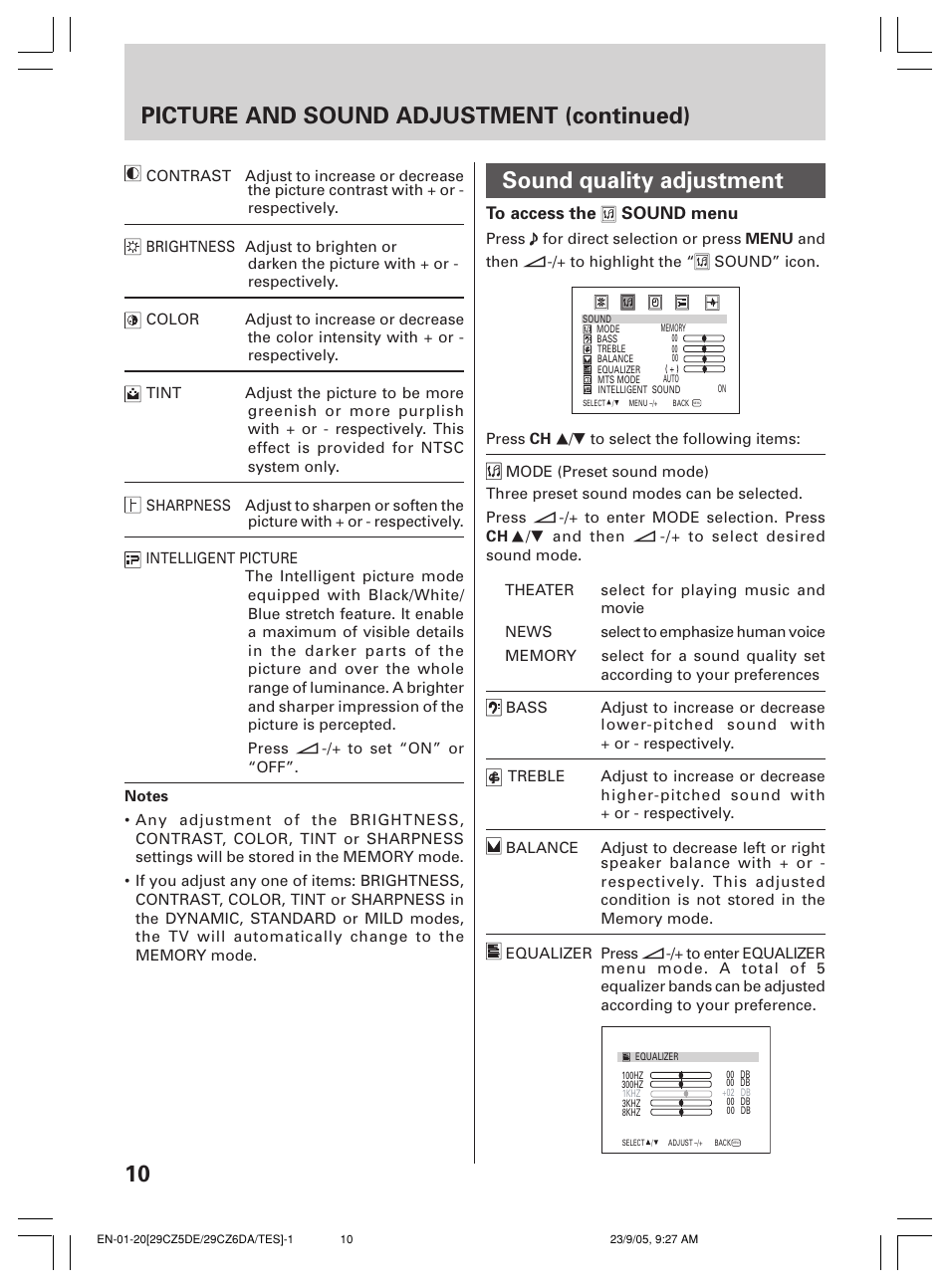 10 sound quality adjustment, Picture and sound adjustment (continued) | Toshiba 29CZ6DA User Manual | Page 10 / 20