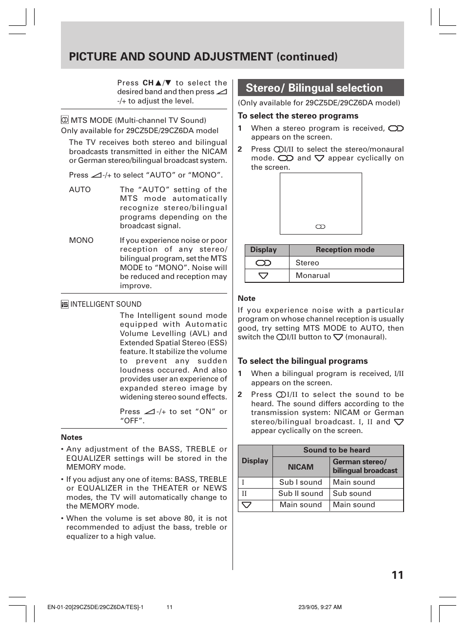 Stereo/ bilingual selection, Picture and sound adjustment (continued) | Toshiba 29CZ6DA User Manual | Page 11 / 20