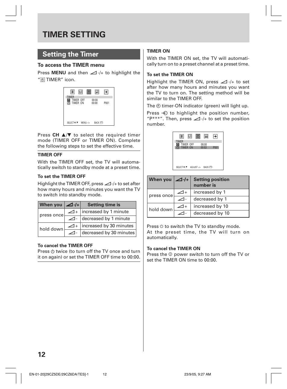 Timer setting, 12 setting the timer | Toshiba 29CZ6DA User Manual | Page 12 / 20