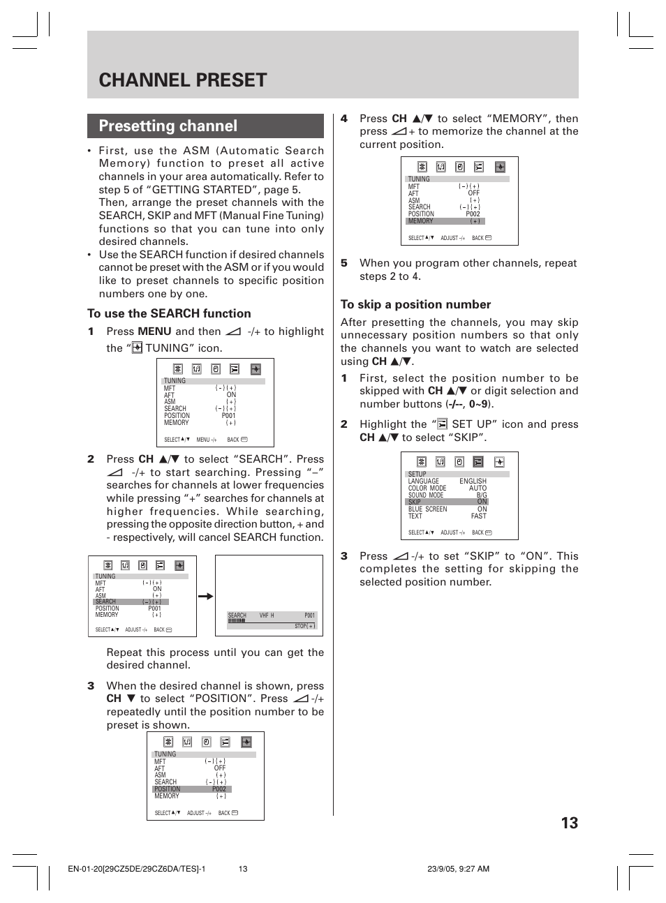 Channel preset, 13 presetting channel | Toshiba 29CZ6DA User Manual | Page 13 / 20