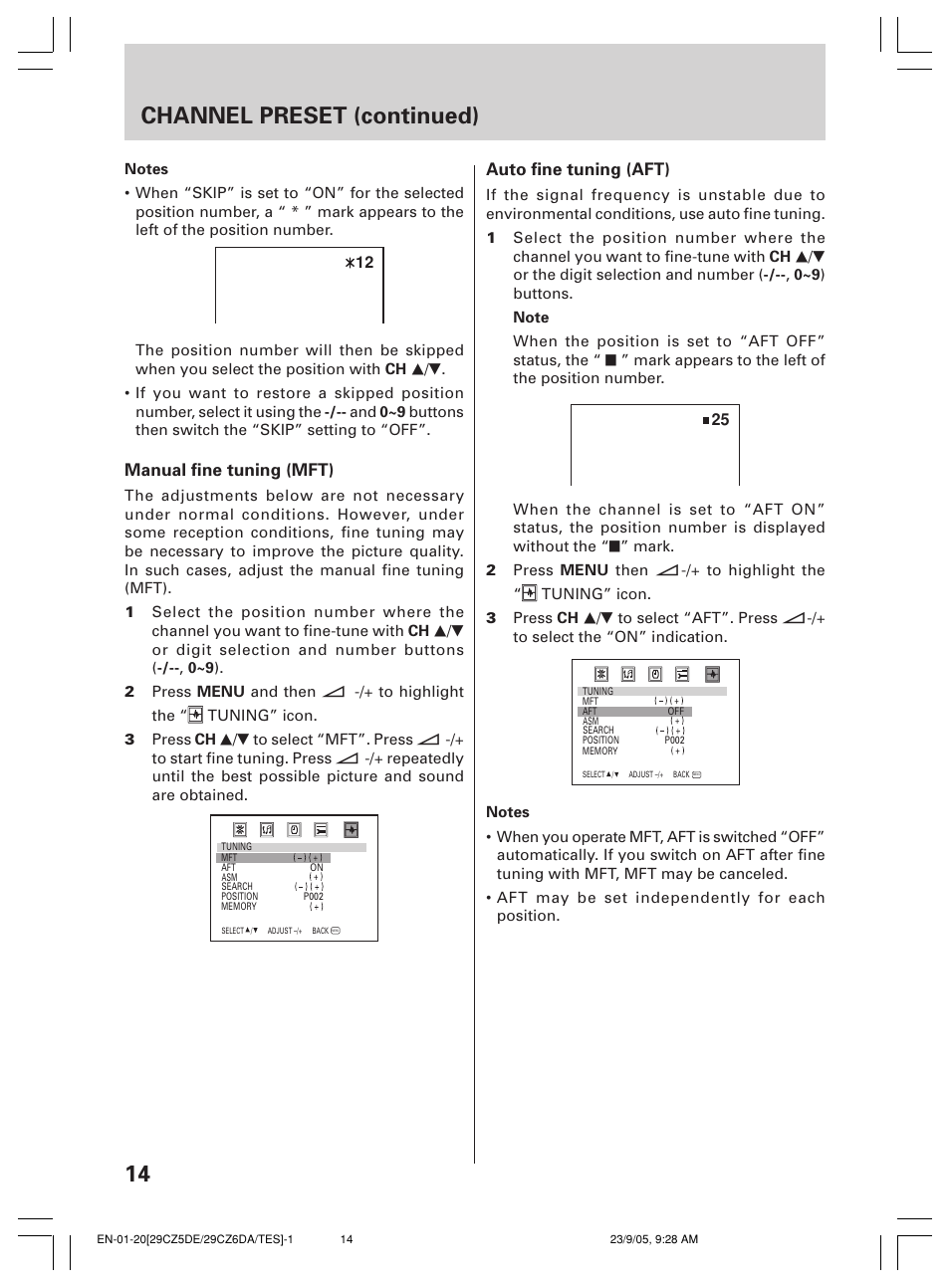 Channel preset (continued), Manual fine tuning (mft), Auto fine tuning (aft) | Toshiba 29CZ6DA User Manual | Page 14 / 20