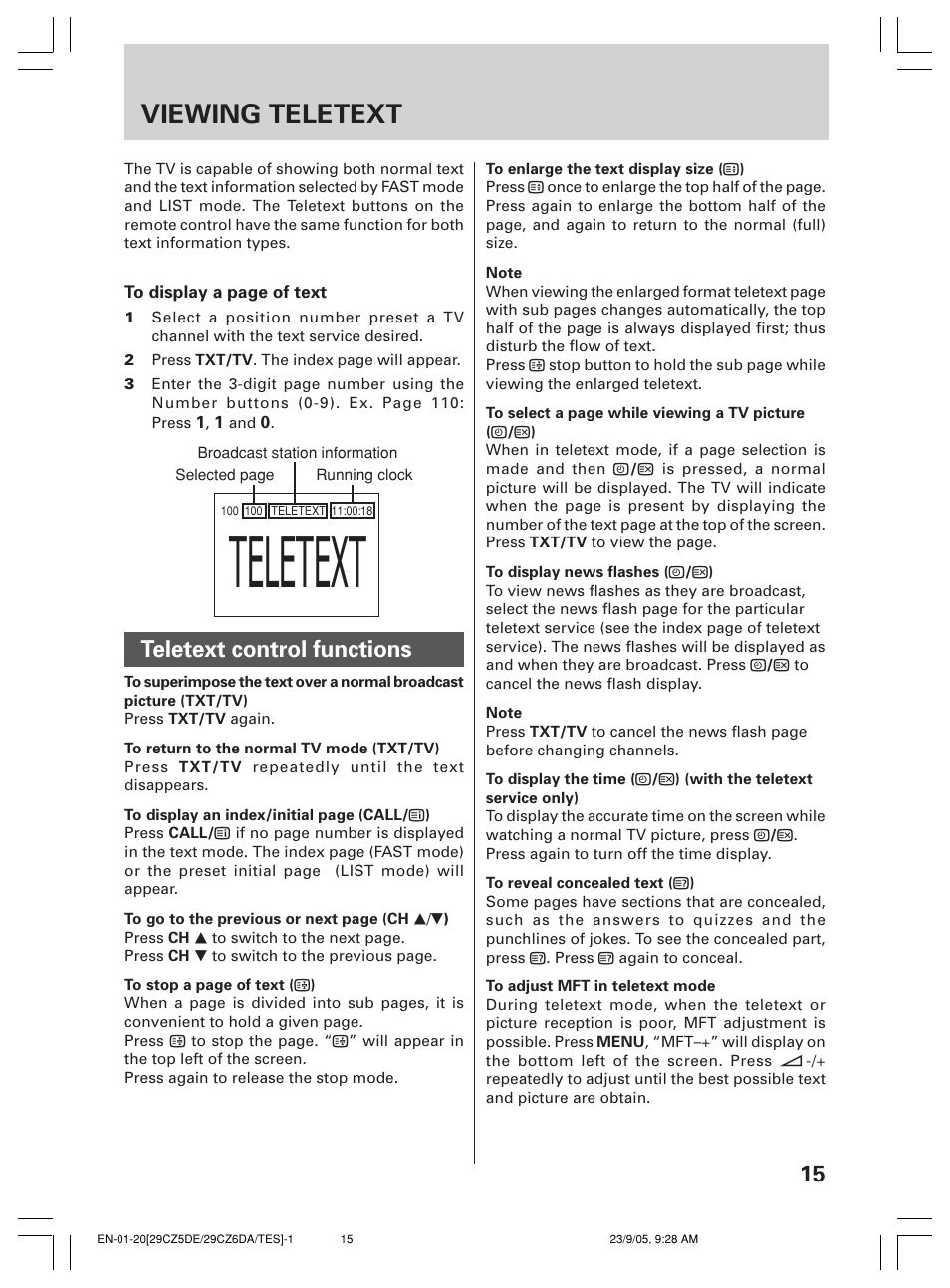 Teletext, Viewing teletext, Teletext control functions | Toshiba 29CZ6DA User Manual | Page 15 / 20