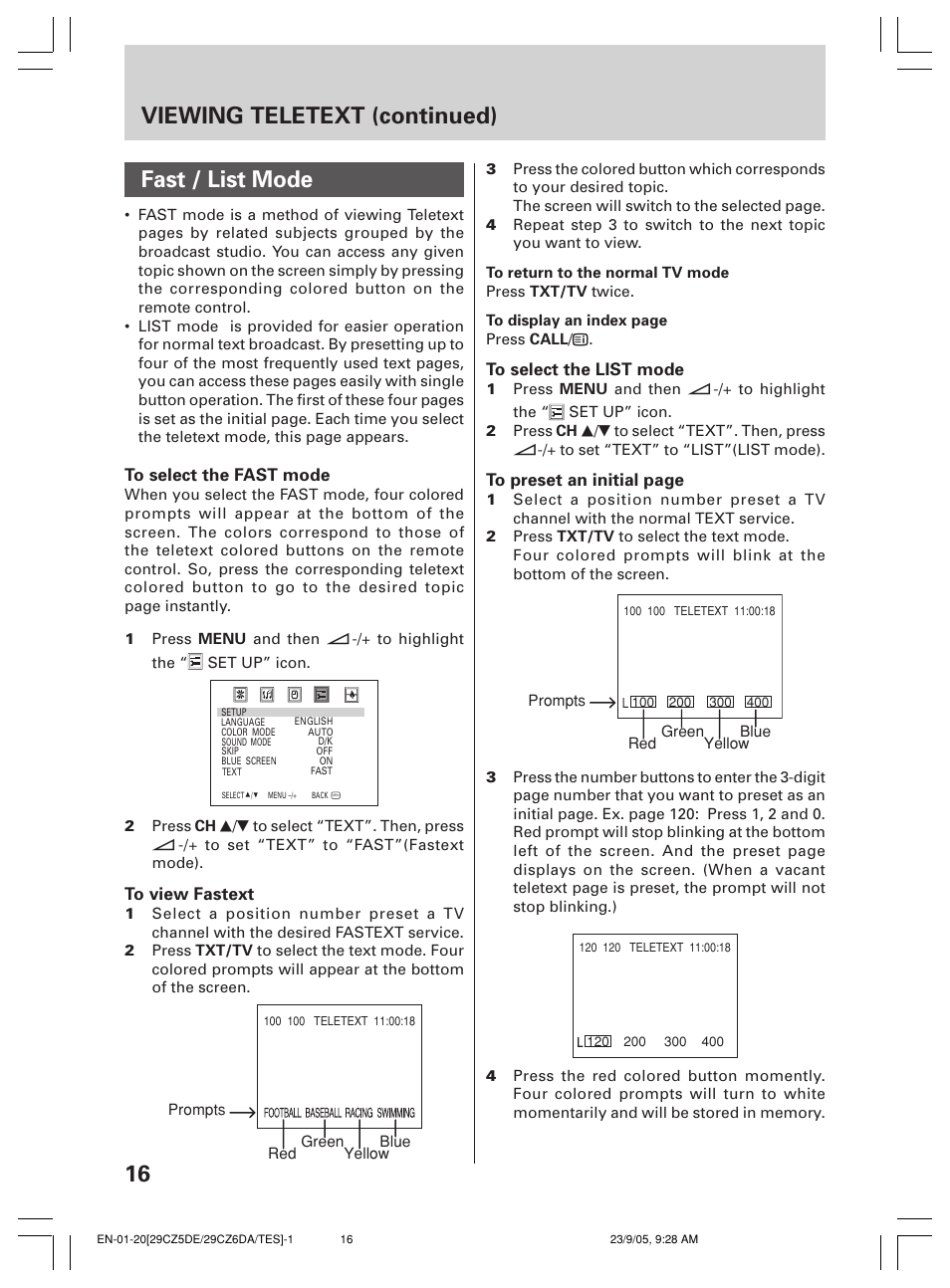16 fast / list mode, Viewing teletext (continued) | Toshiba 29CZ6DA User Manual | Page 16 / 20