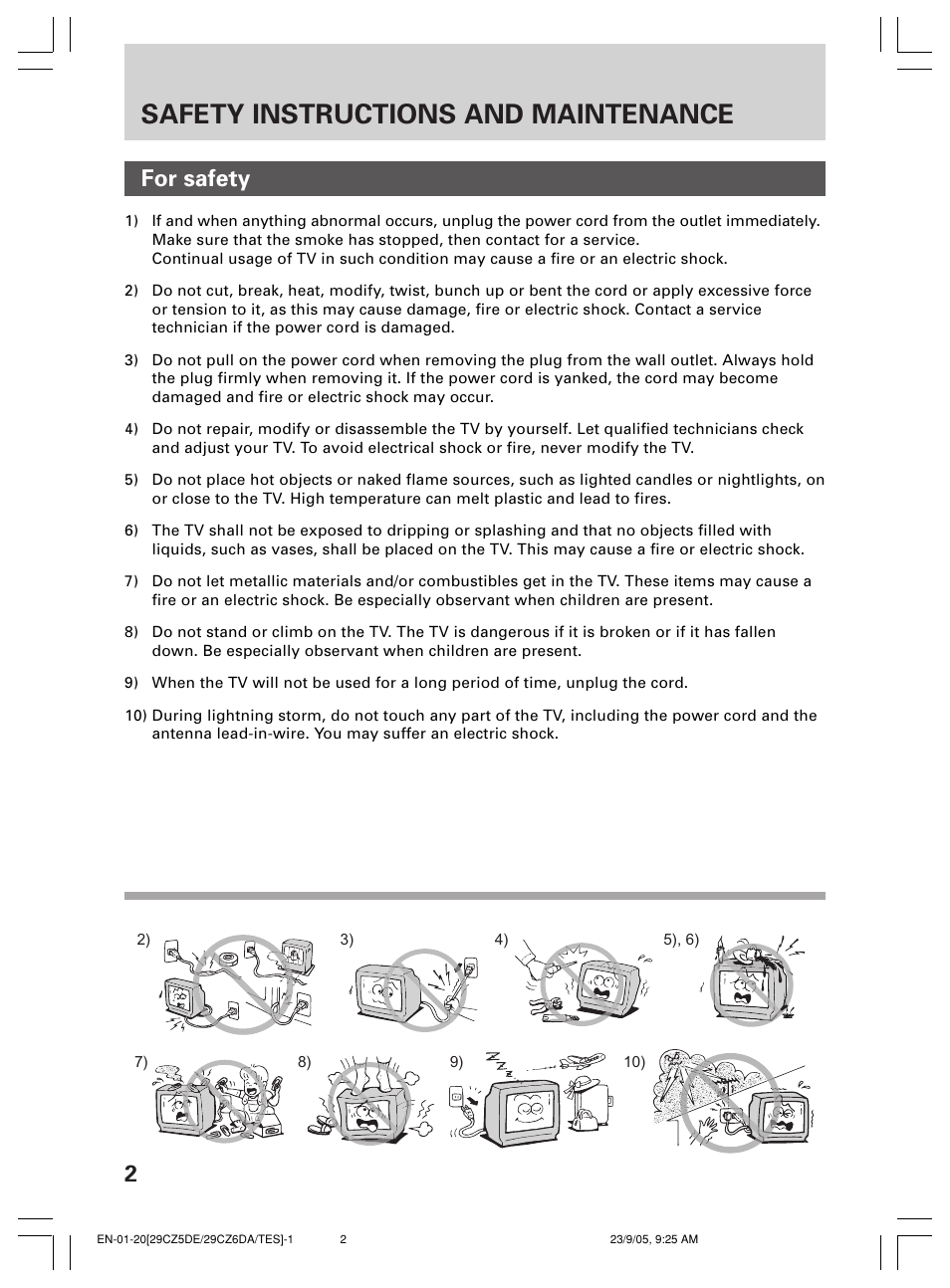 Safety instructions and maintenance, For safety | Toshiba 29CZ6DA User Manual | Page 2 / 20