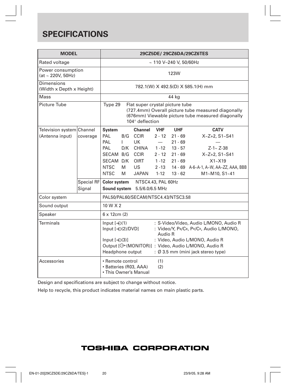 Specifications | Toshiba 29CZ6DA User Manual | Page 20 / 20