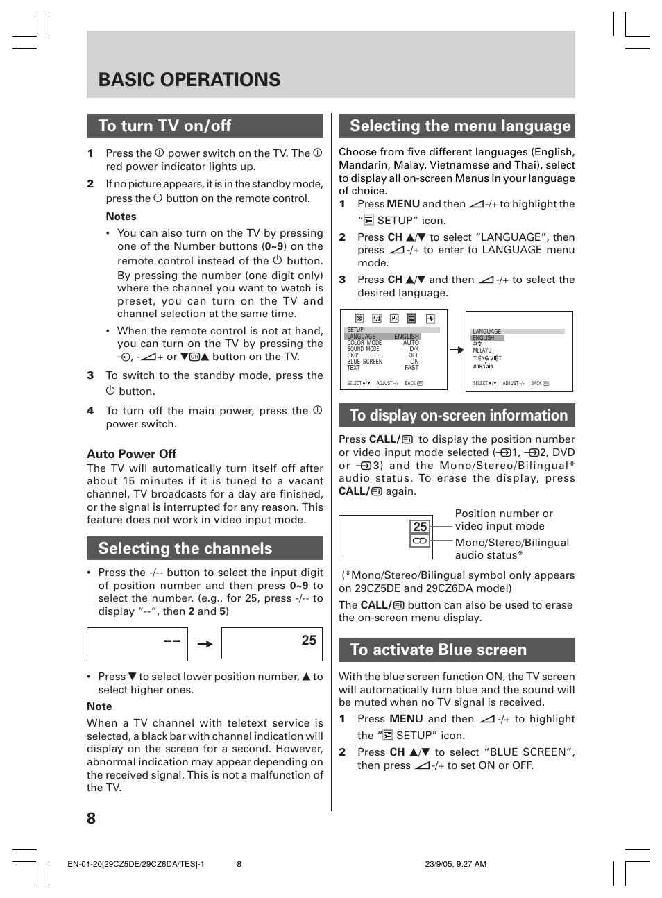 Basic operations, 8to turn tv on/off, Selecting the channels | Selecting the menu language | Toshiba 29CZ6DA User Manual | Page 8 / 20