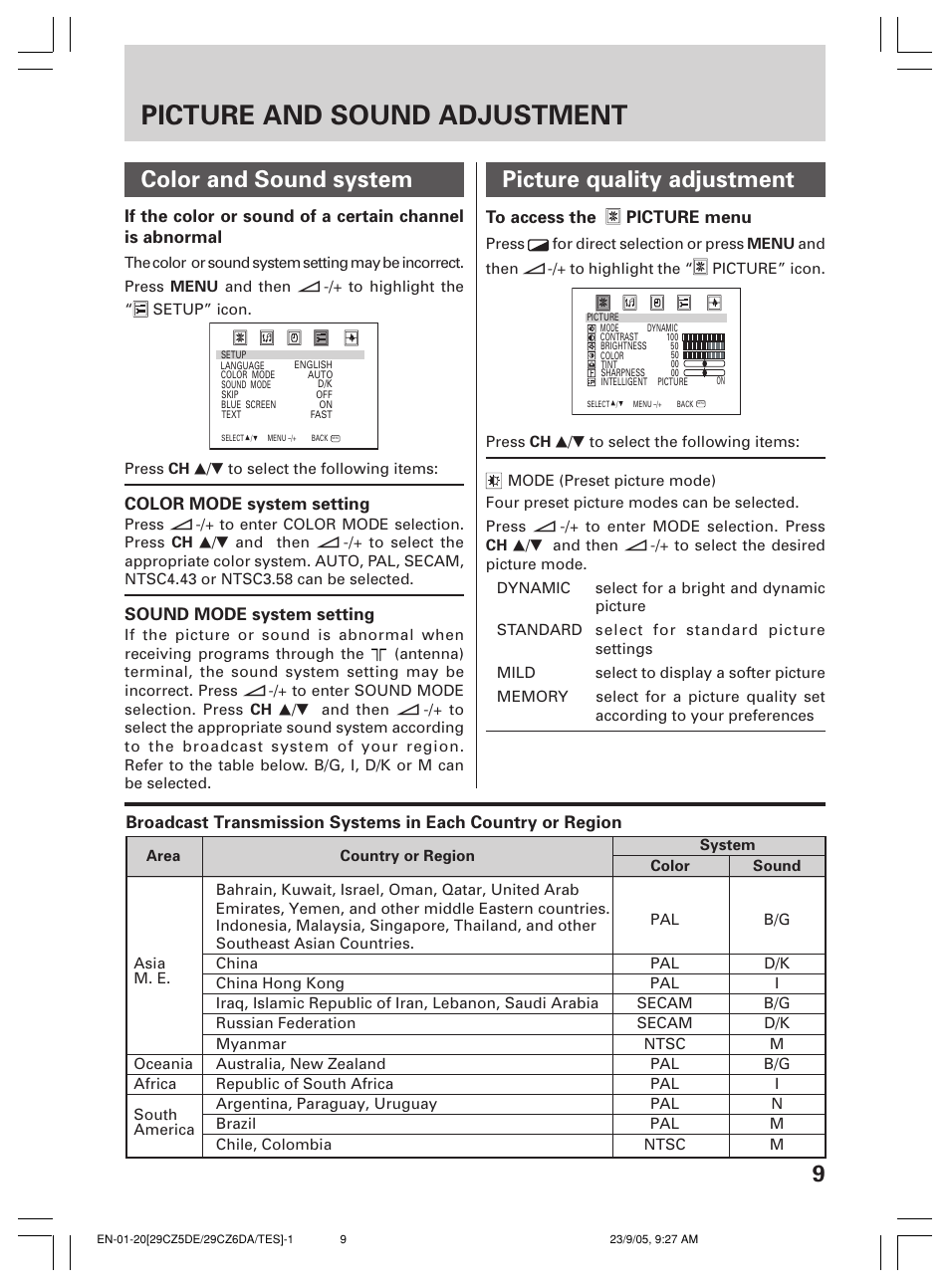 Picture and sound adjustment, 9color and sound system, Picture quality adjustment | Toshiba 29CZ6DA User Manual | Page 9 / 20