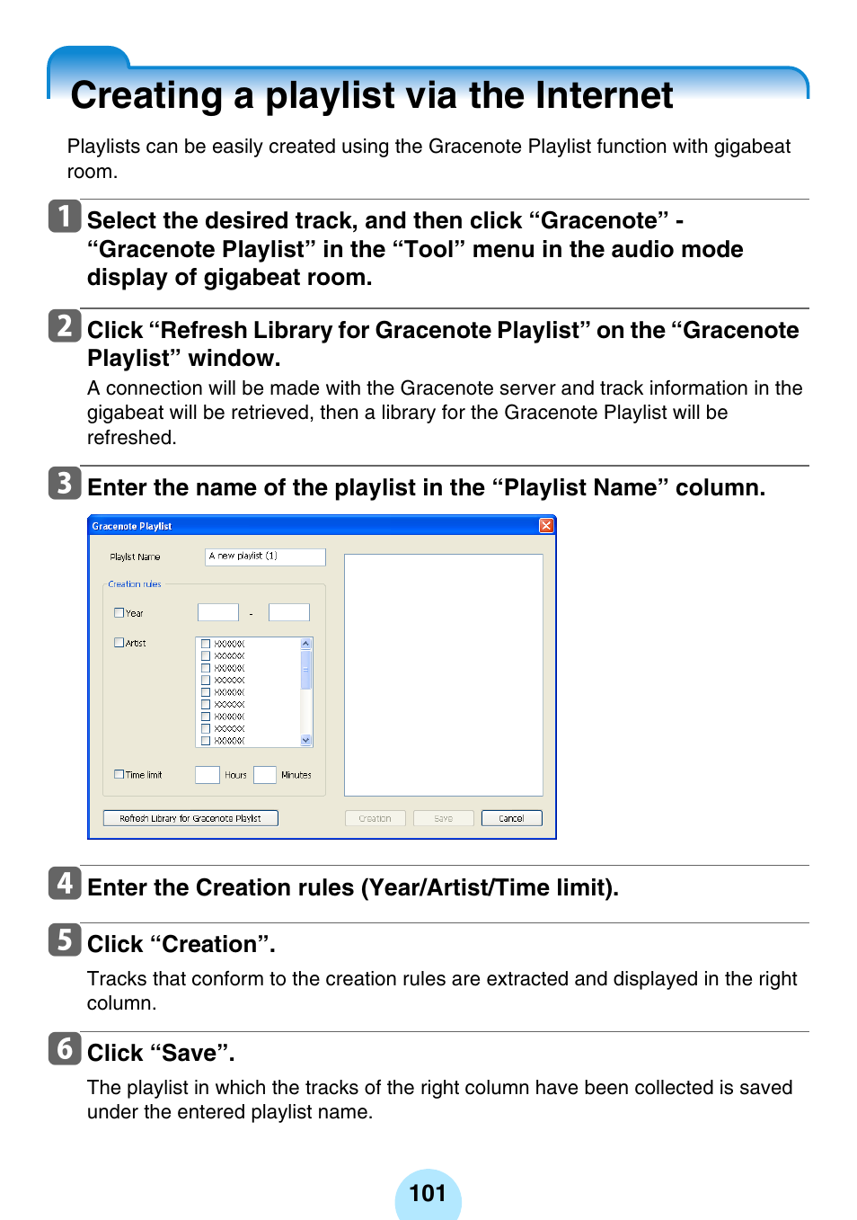 Creating a playlist via the internet | Toshiba gigabeat MEGF10K User Manual | Page 101 / 162