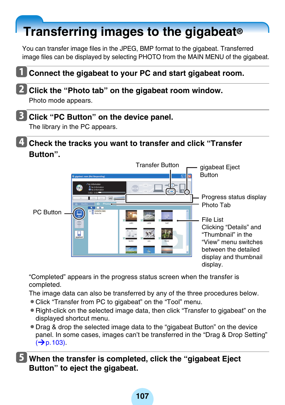 Transferring images to the gigabeat, P.107, P.107) | Toshiba gigabeat MEGF10K User Manual | Page 107 / 162