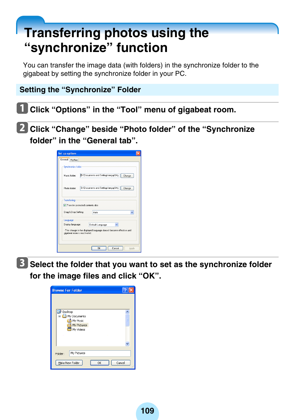 Synchronization folder settings, P.109) | Toshiba gigabeat MEGF10K User Manual | Page 109 / 162