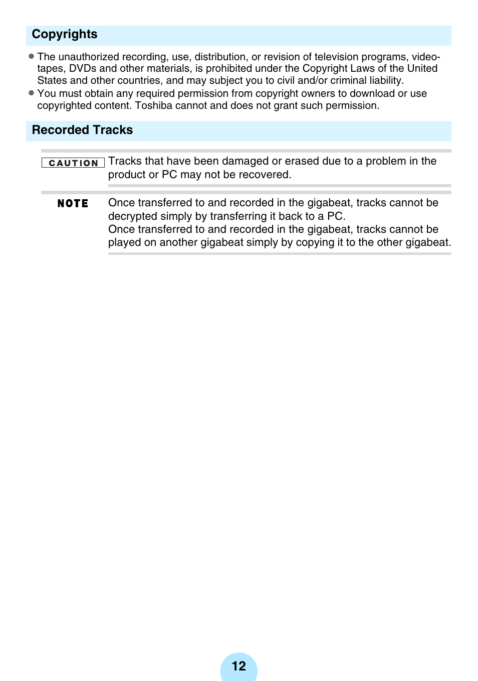 Toshiba gigabeat MEGF10K User Manual | Page 12 / 162