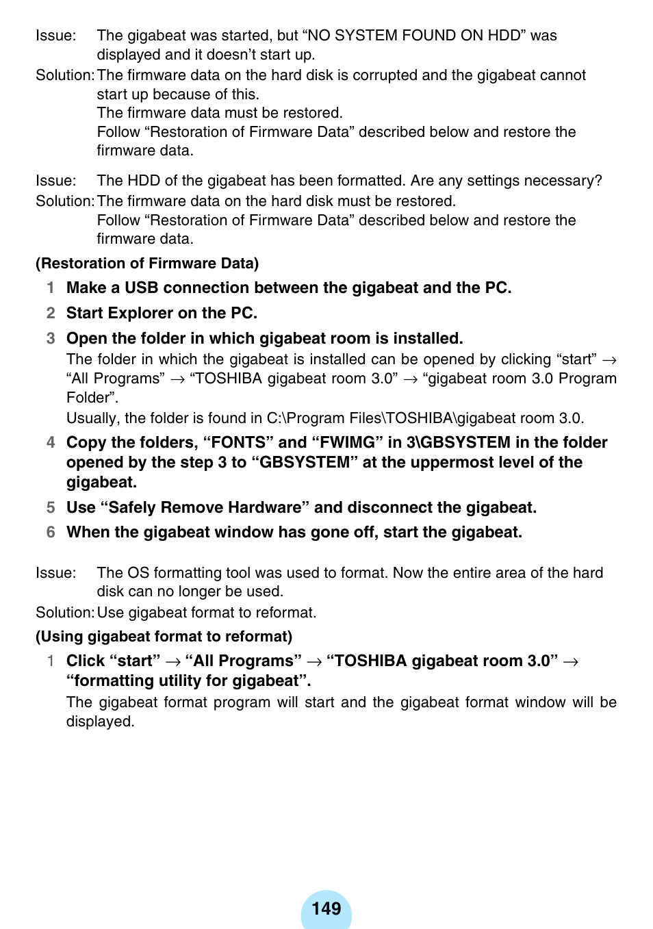 Using gigabeat format to reformat), P.149), Restoration of firmware data) | Toshiba gigabeat MEGF10K User Manual | Page 149 / 162