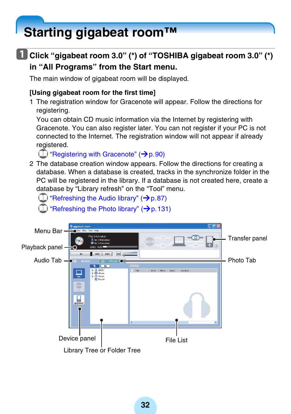 Starting gigabeat room | Toshiba gigabeat MEGF10K User Manual | Page 32 / 162