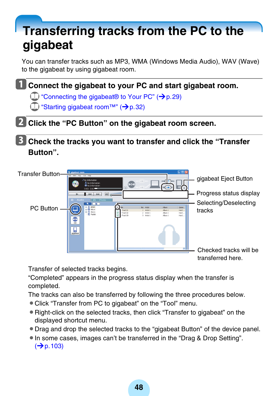 Transferring tracks from the pc to the gigabeat, P.48, P.48) | Toshiba gigabeat MEGF10K User Manual | Page 48 / 162