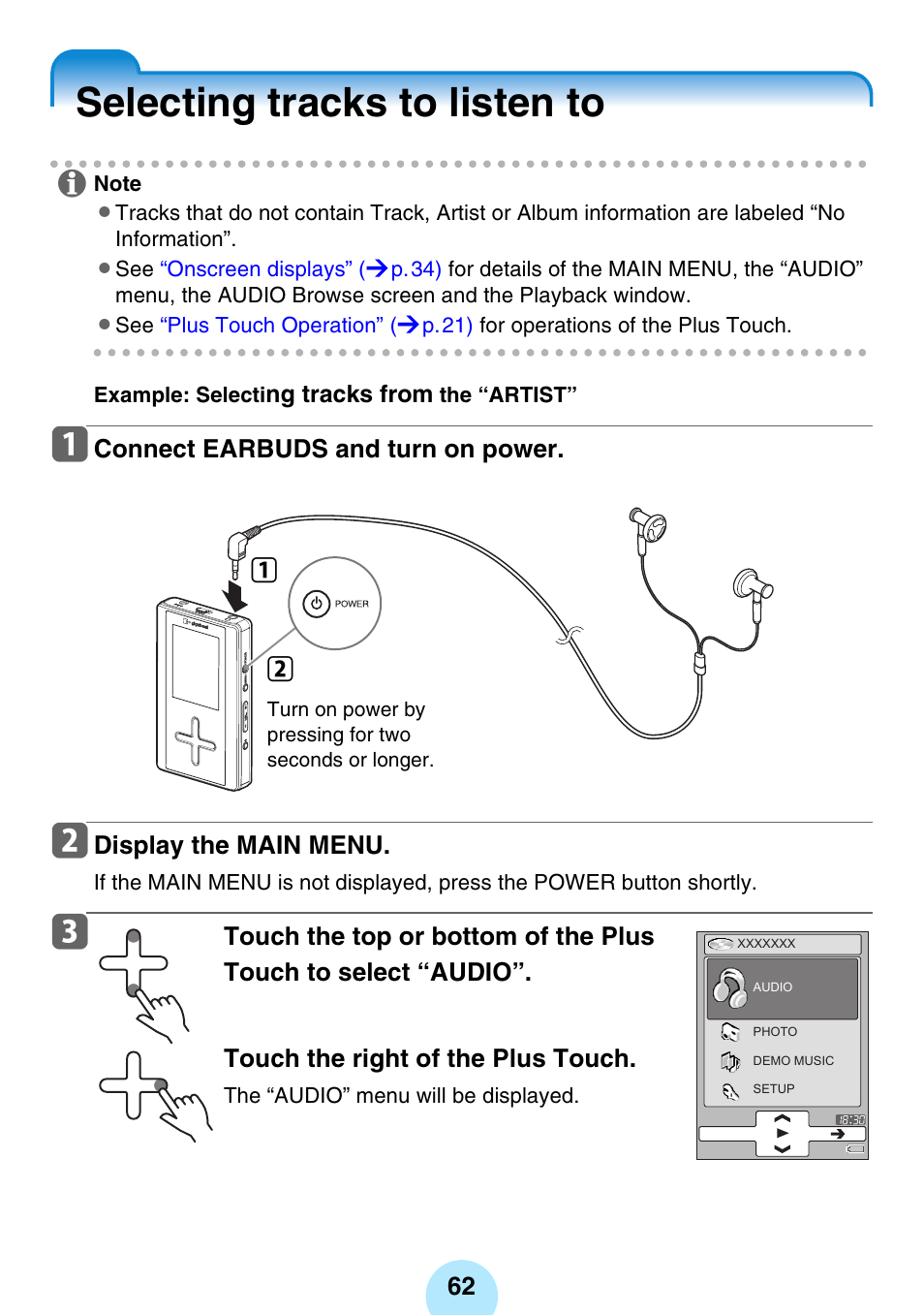 Playing music, Selecting tracks to listen to | Toshiba gigabeat MEGF10K User Manual | Page 62 / 162