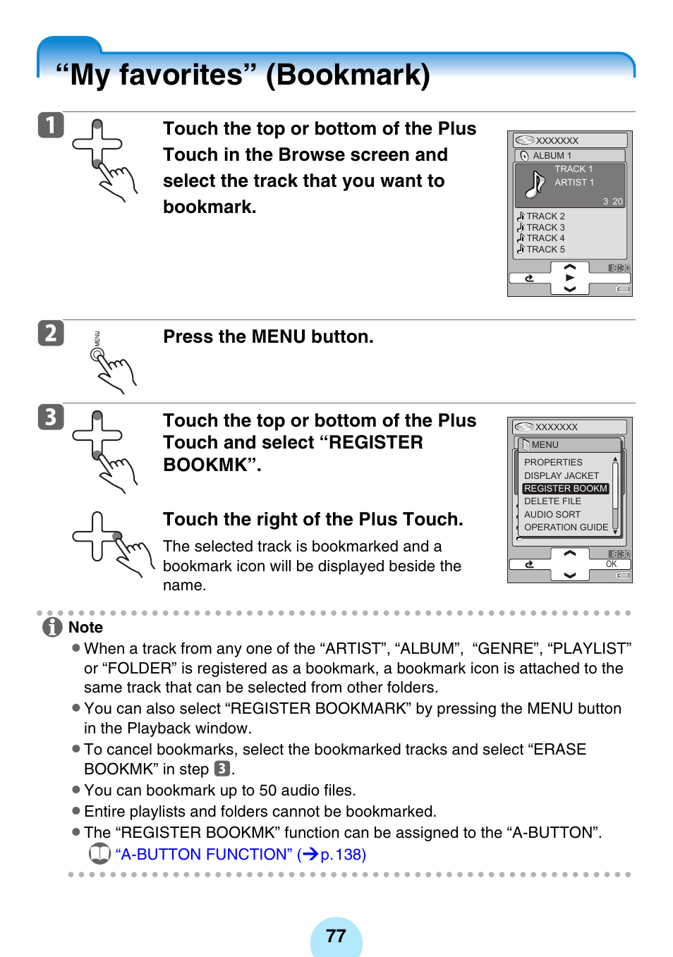 My favorites” (bookmark), Press the menu button | Toshiba gigabeat MEGF10K User Manual | Page 77 / 162