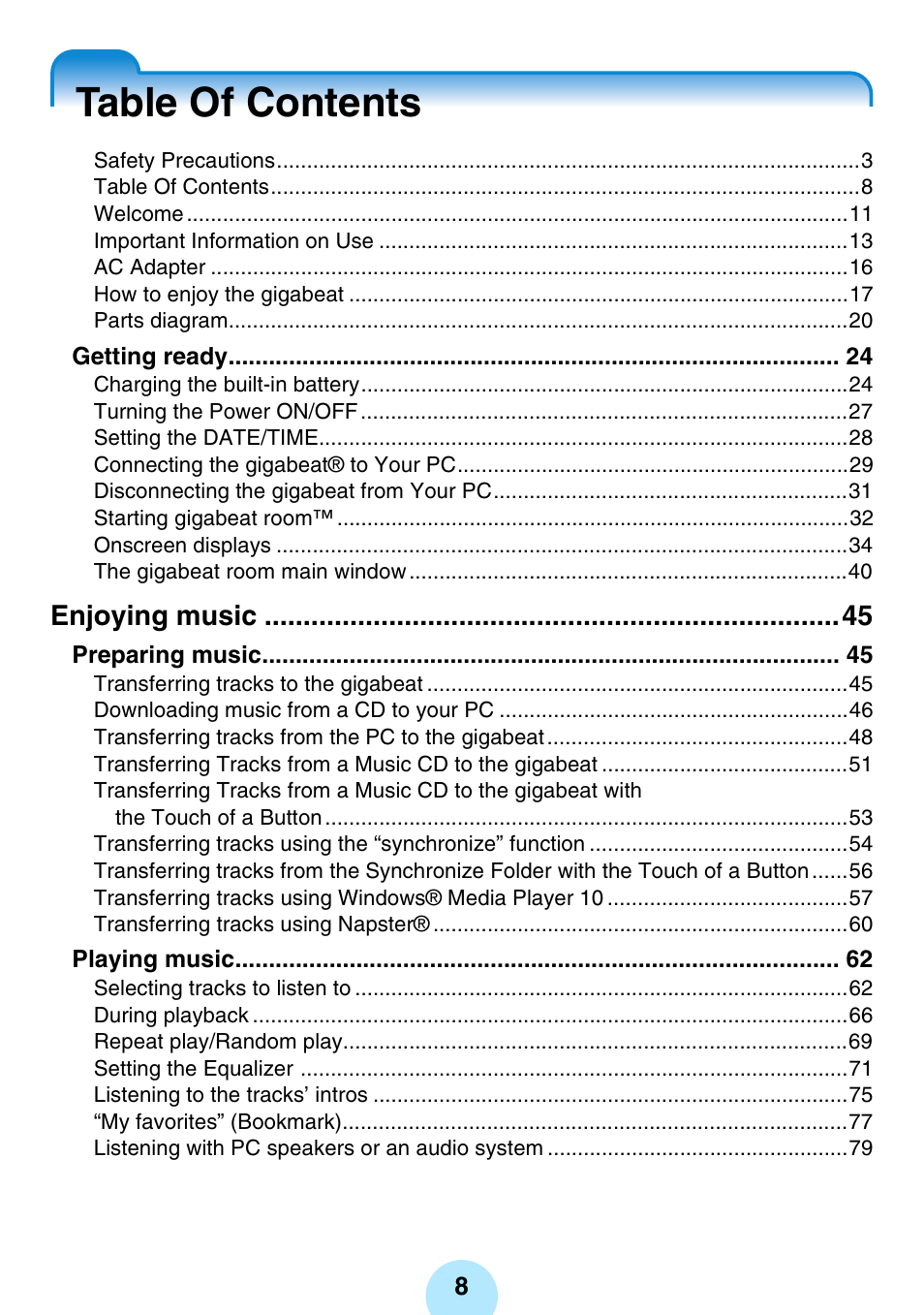 Toshiba gigabeat MEGF10K User Manual | Page 8 / 162