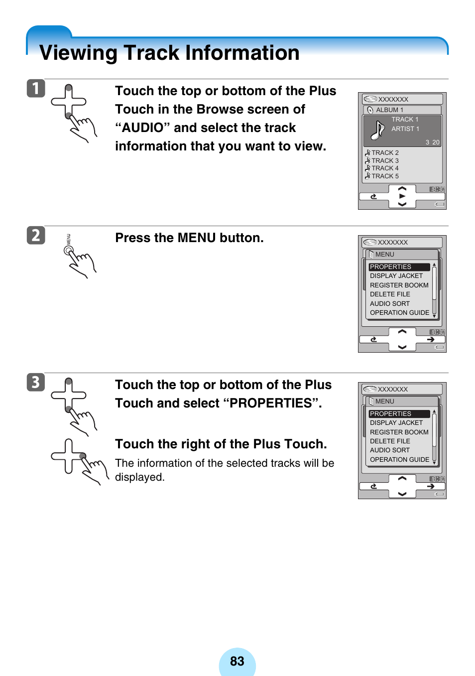 Viewing track information, Press the menu button | Toshiba gigabeat MEGF10K User Manual | Page 83 / 162