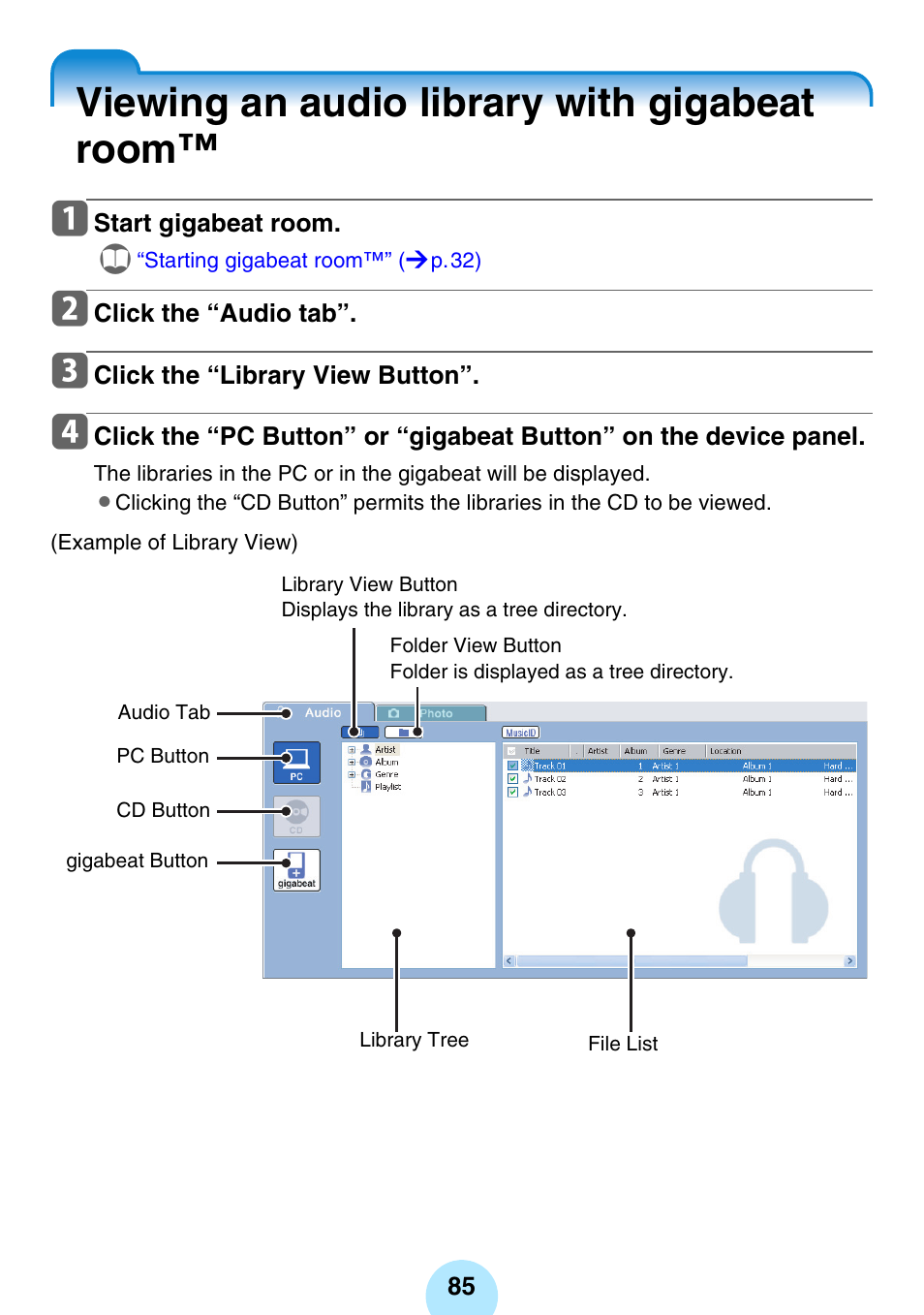 Viewing an audio library with gigabeat room, P.85) | Toshiba gigabeat MEGF10K User Manual | Page 85 / 162