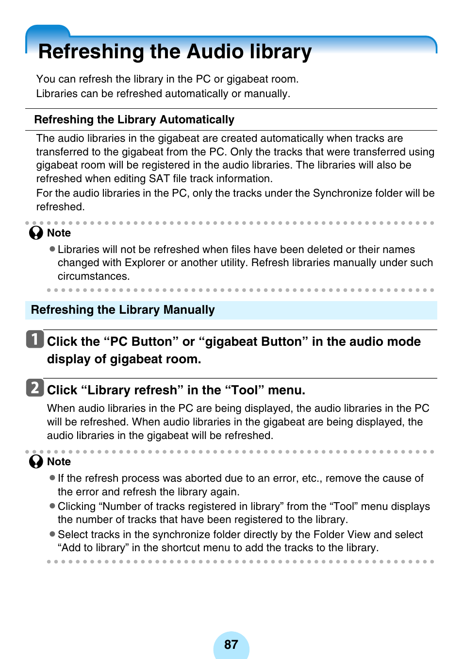 Refreshing the audio library, P.87) | Toshiba gigabeat MEGF10K User Manual | Page 87 / 162