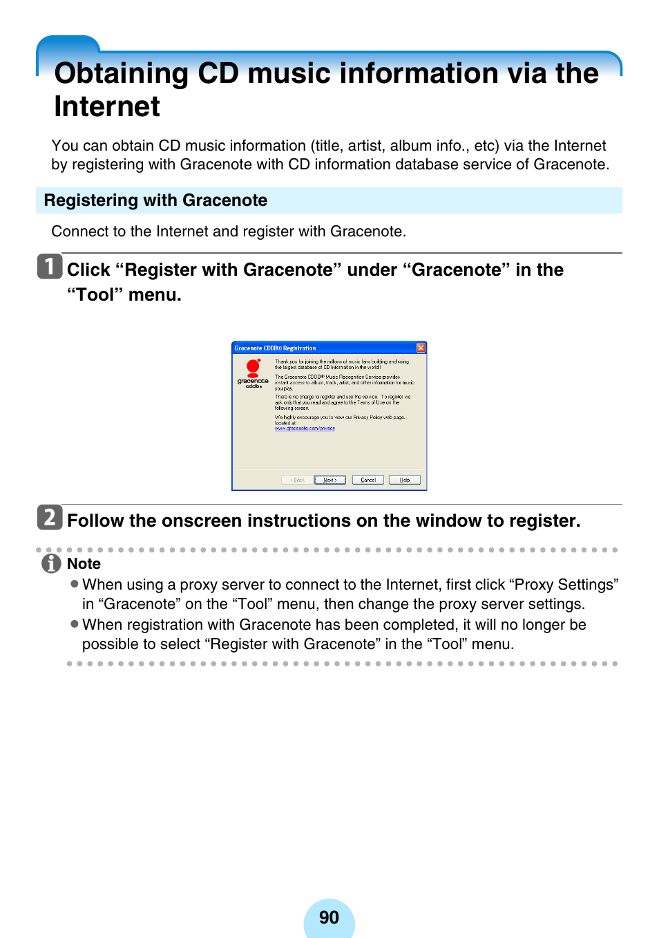 Editing track information, Obtaining cd music information via the internet, Registering with gracenote | P.90) | Toshiba gigabeat MEGF10K User Manual | Page 90 / 162