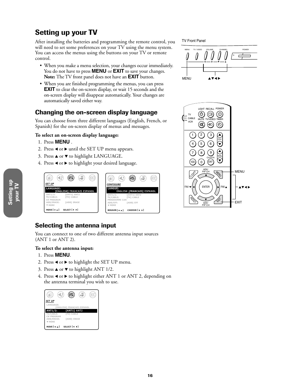Setting up your tv, Changing on-screen display language, Changing the on-screen display language | Selecting the antenna input, Setting up y our t v, Until the set up menu appears. 3. press | Toshiba 36A61 User Manual | Page 16 / 40