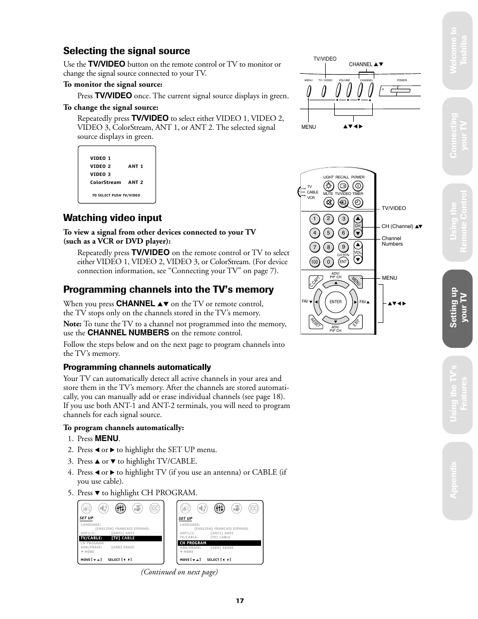 Programming channels into tv's memory, Selecting the signal source, Watching video input | Ref er ence, Programming channels automatically, When you press channel, Continued on next page) | Toshiba 36A61 User Manual | Page 17 / 40
