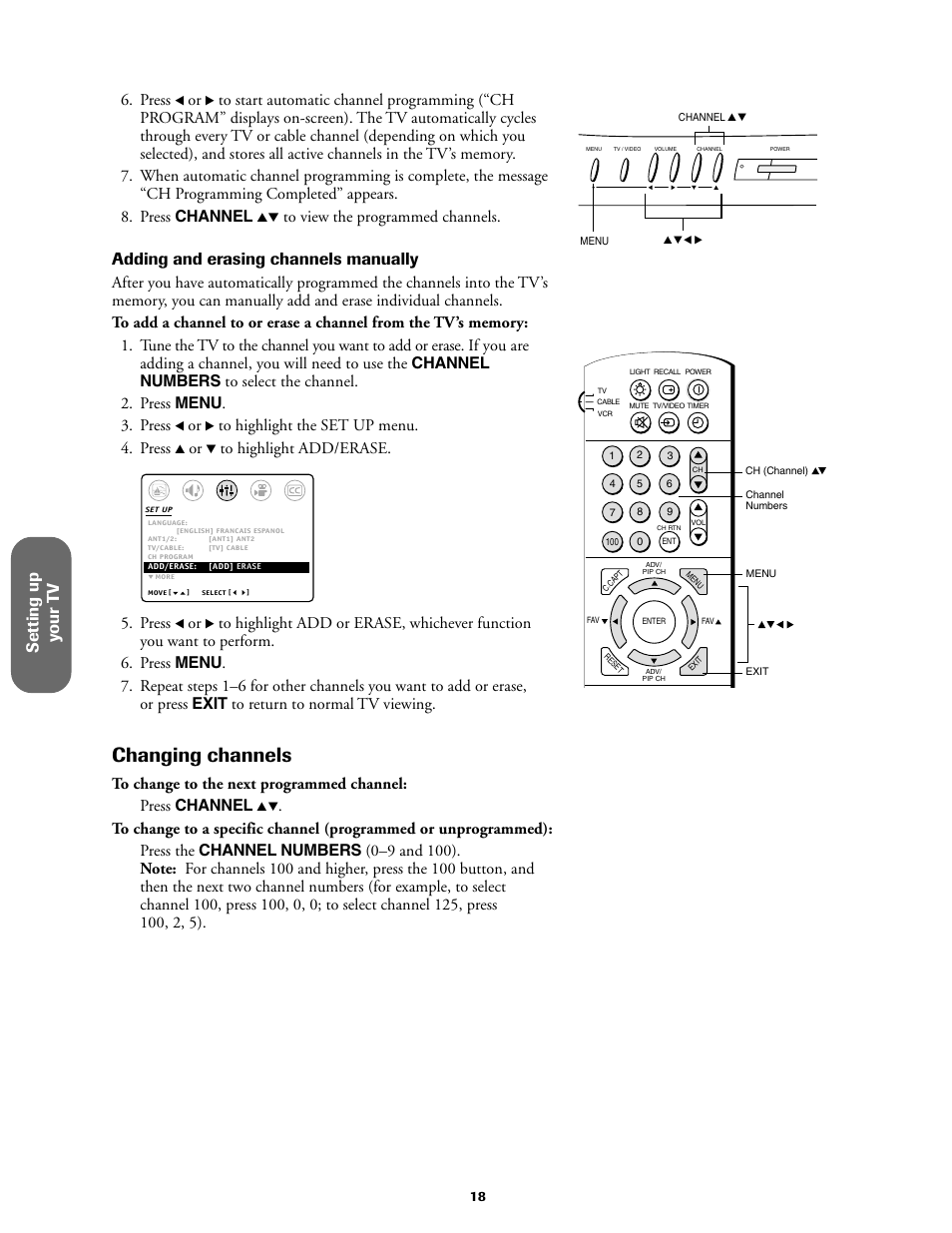 Changing channels, Setting up y our t v, Adding and erasing channels manually | Press | Toshiba 36A61 User Manual | Page 18 / 40