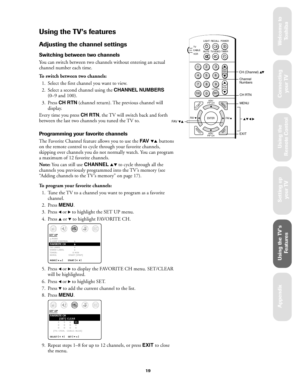 Using the tv's features, Adjusting channel settings, Using the tv’s features | Adjusting the channel settings, Ref er ence, Switching between two channels, Programming your favorite channels, Press | Toshiba 36A61 User Manual | Page 19 / 40