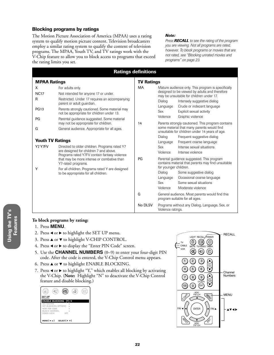 Using the t v ’s f eatur es, Blocking programs by ratings, Ratings definitions | Toshiba 36A61 User Manual | Page 22 / 40