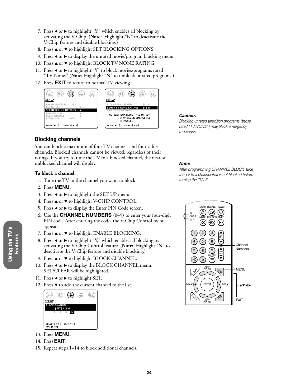 Using the t v ’s f eatur es, Blocking channels, Press | Toshiba 36A61 User Manual | Page 24 / 40
