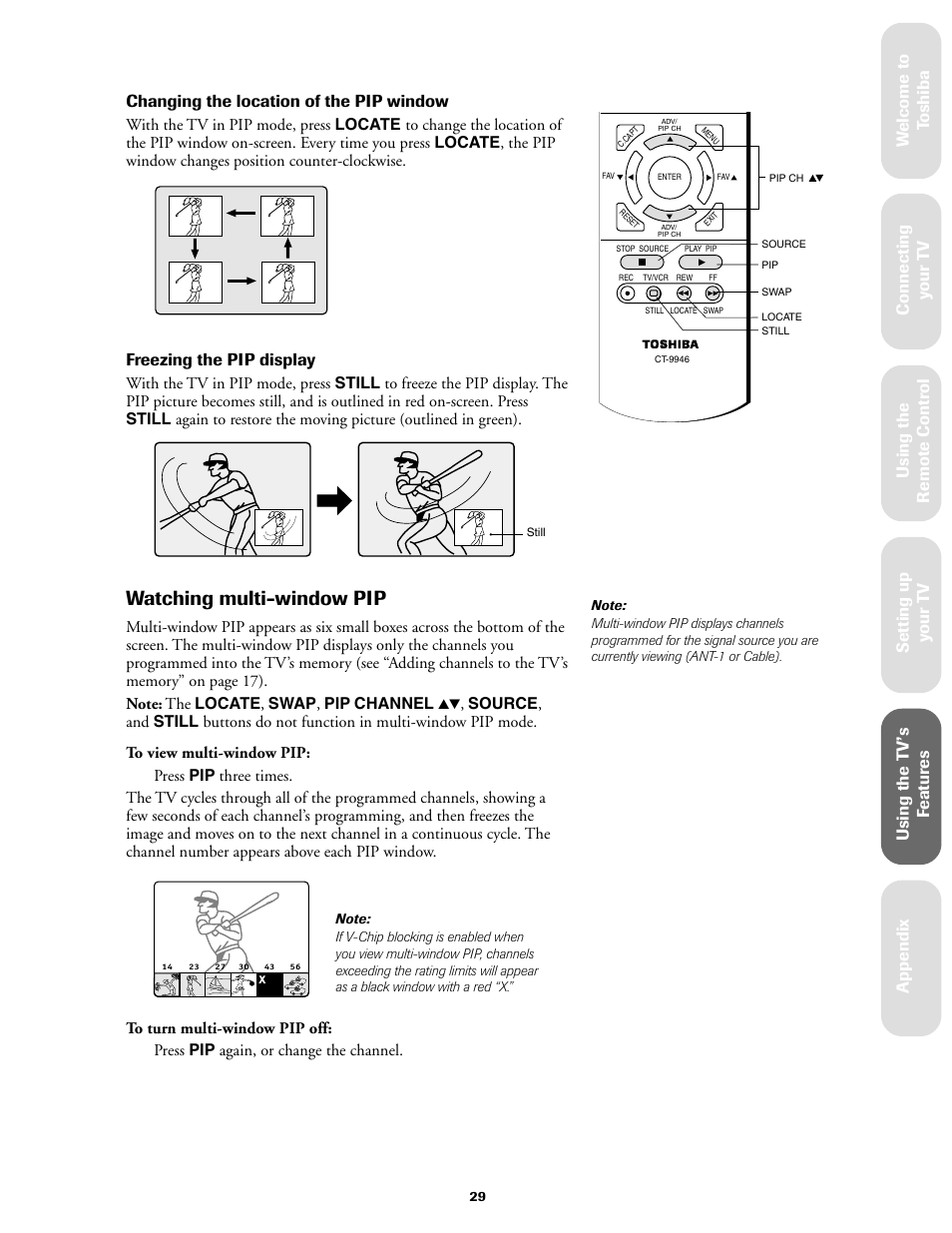 Watching multi-window pip, Ref er ence, Freezing the pip display | Toshiba 36A61 User Manual | Page 29 / 40