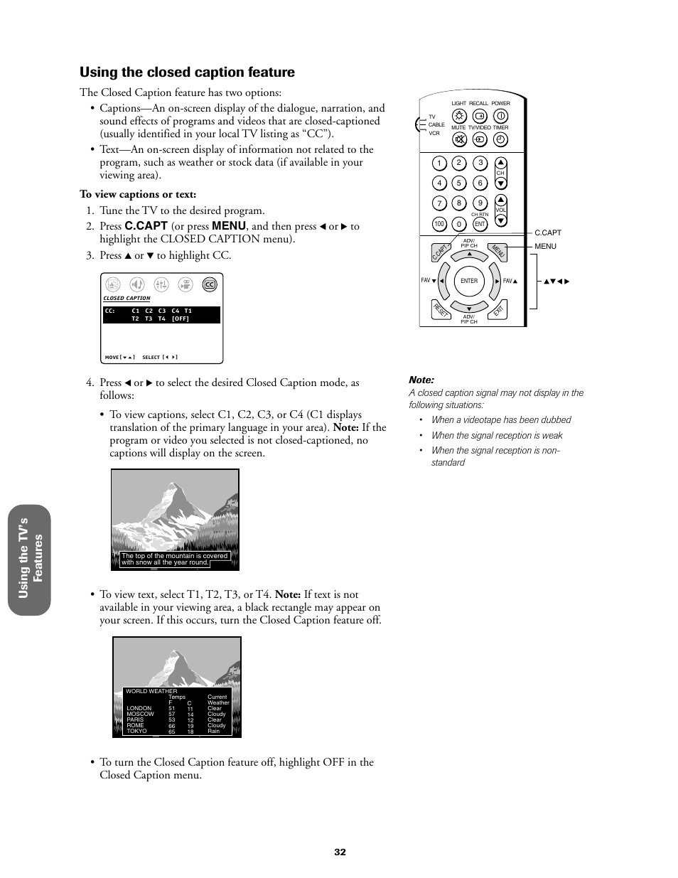Closed caption, Using the closed caption feature, Using the t v ’s f eatur es | Press | Toshiba 36A61 User Manual | Page 32 / 40