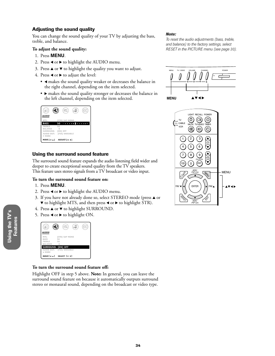 Using the surround sound feature | Toshiba 36A61 User Manual | Page 34 / 40