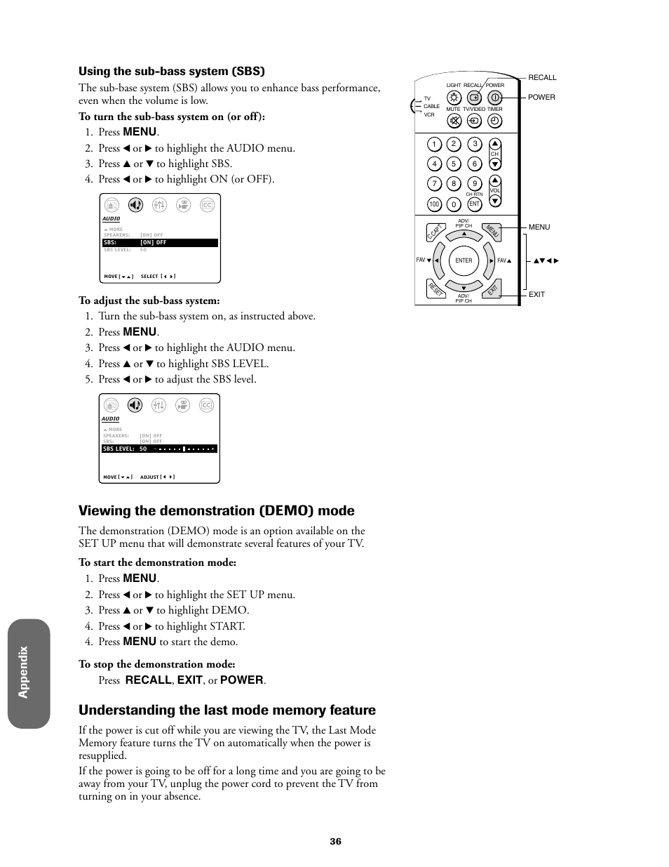 Viewing the demonstration mode, Viewing the demonstration (demo) mode, Ref er ence | Appendix, Using the sub-bass system (sbs) | Toshiba 36A61 User Manual | Page 36 / 40