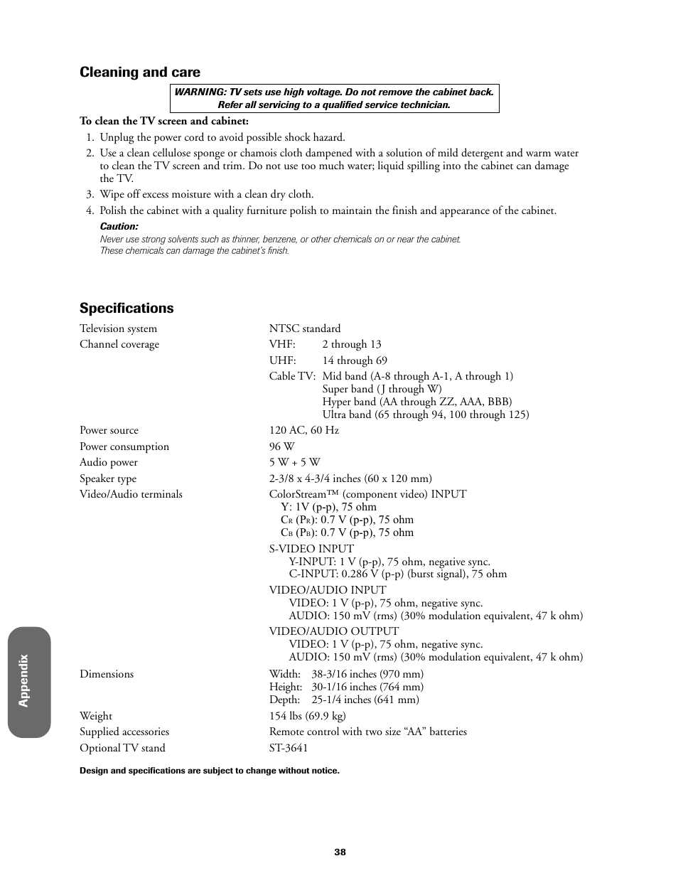 Cleaning and care / specifications, Cleaning and care, Specifications | Toshiba 36A61 User Manual | Page 38 / 40