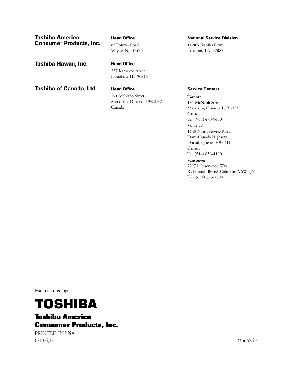 Back cover, Toshiba america consumer products, inc | Toshiba 36A61 User Manual | Page 40 / 40