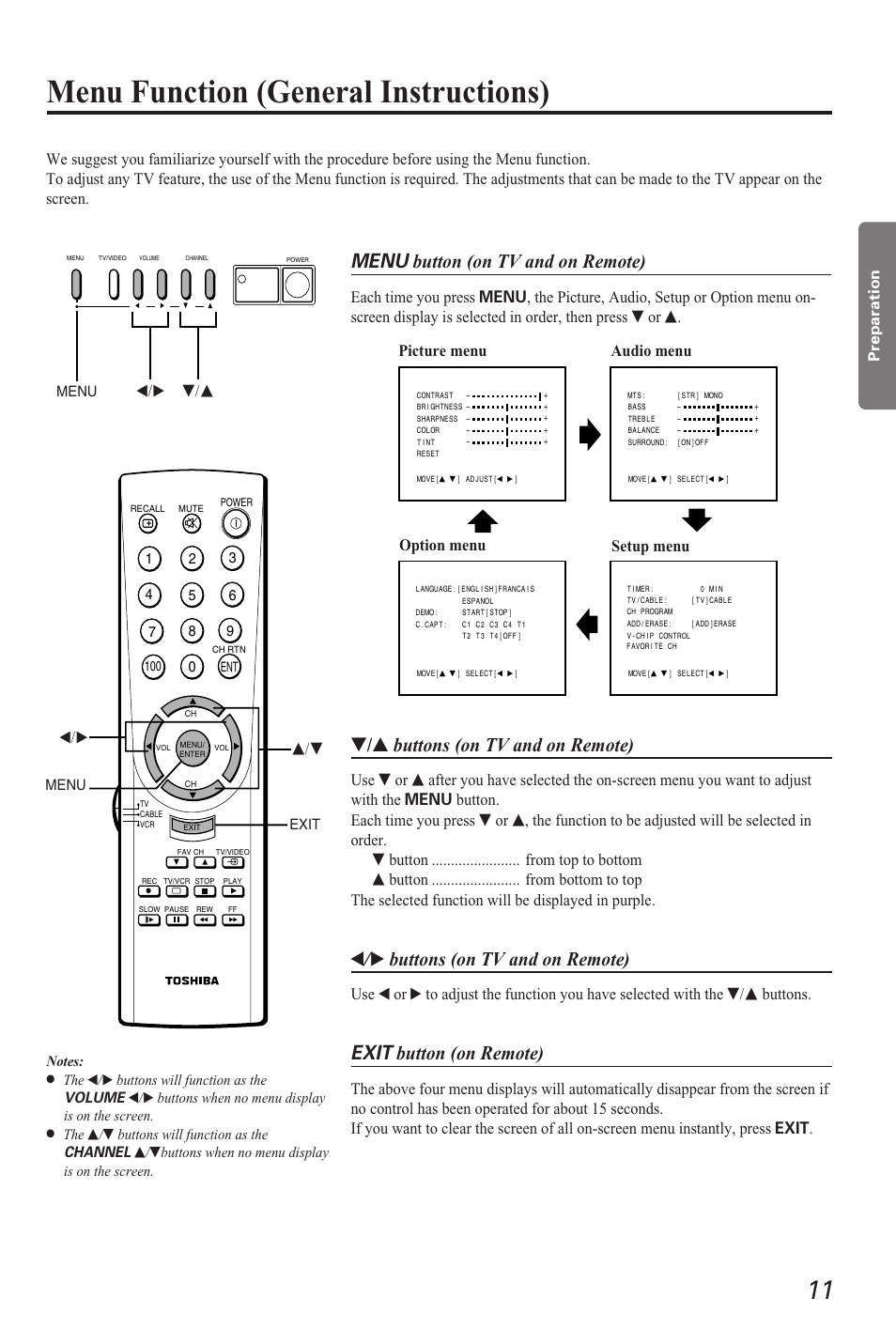 Menu function (general instructiosn), Menu function (general instructions), Menu button (on tv and on remote) | Buttons (on tv and on remote), T / s buttons (on tv and on remote), Exit button (on remote), S/t t/s, Picture menu audio menu, T/s t/s, Volume | Toshiba CZ 19T31 User Manual | Page 11 / 31