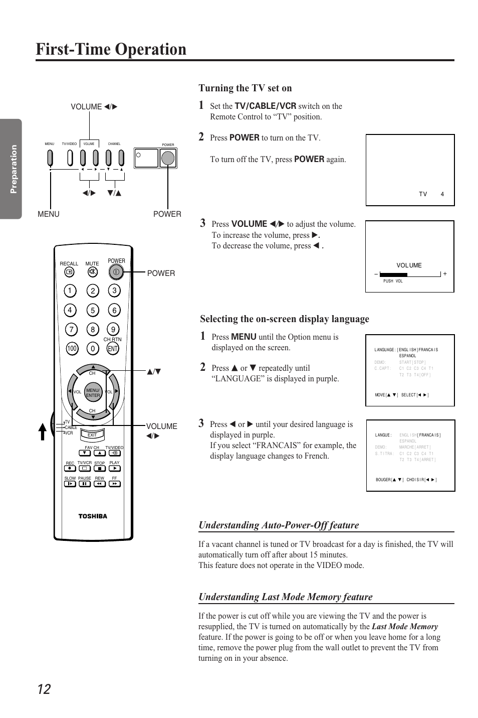 First time operation, First-time operation, Turning the tv set on | Selecting the on-screen display language, Understanding auto-power-off feature | Toshiba CZ 19T31 User Manual | Page 12 / 31