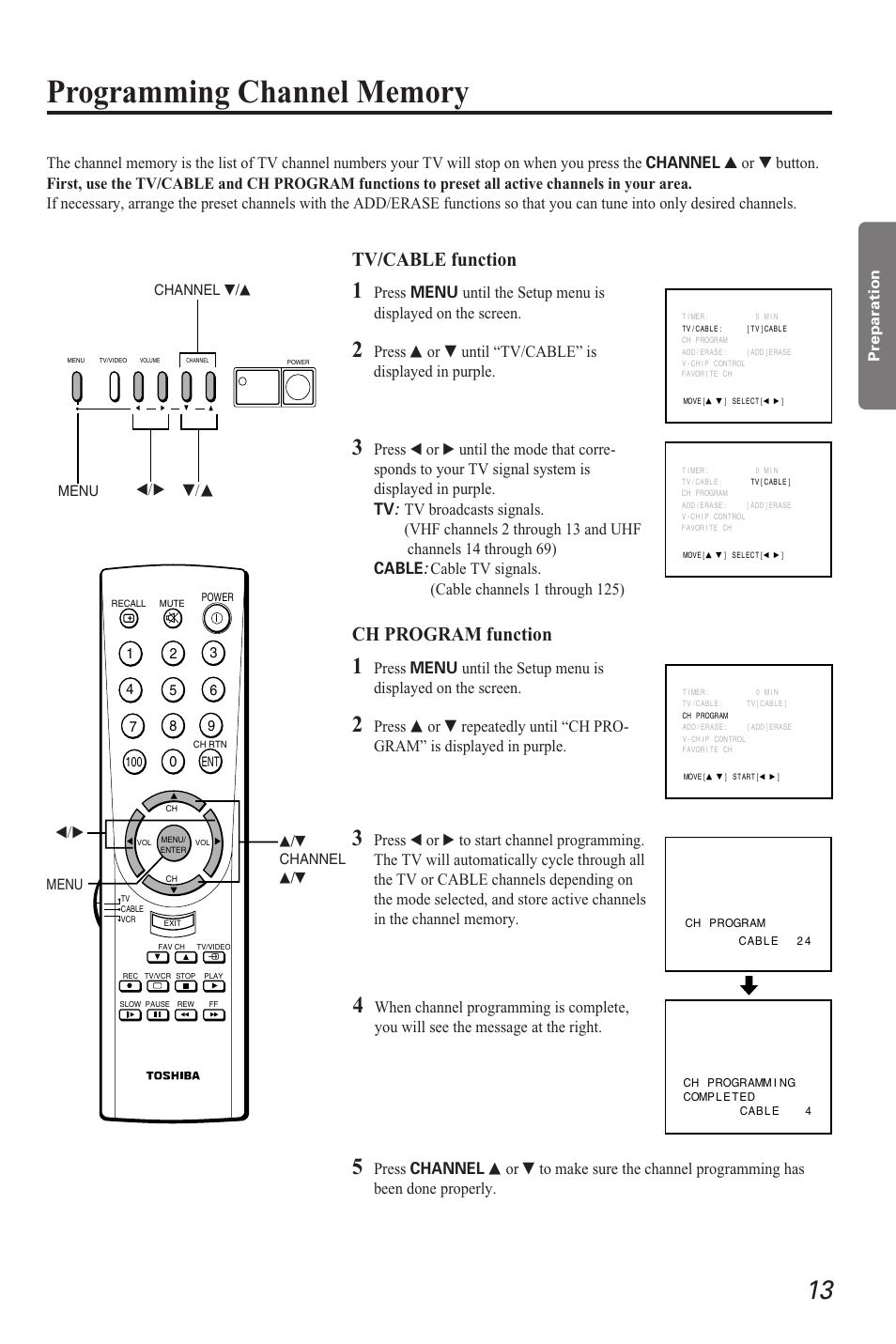 Programming channel memory, Tv/cable function, Ch program function | Toshiba CZ 19T31 User Manual | Page 13 / 31