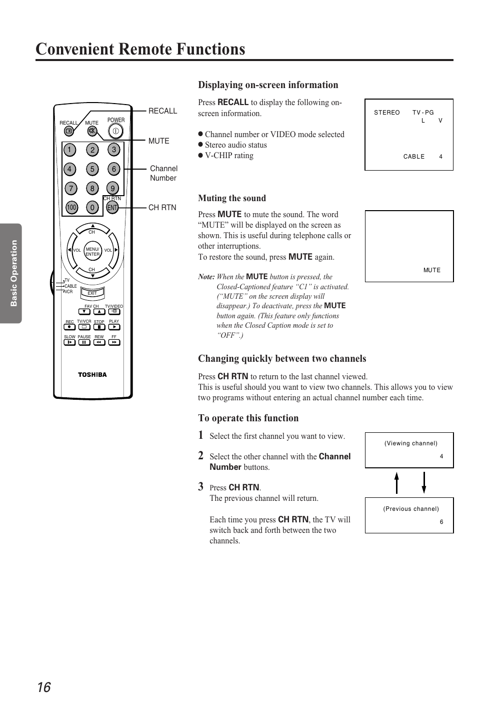 Convenient remote functions, Muting the sound | Toshiba CZ 19T31 User Manual | Page 16 / 31